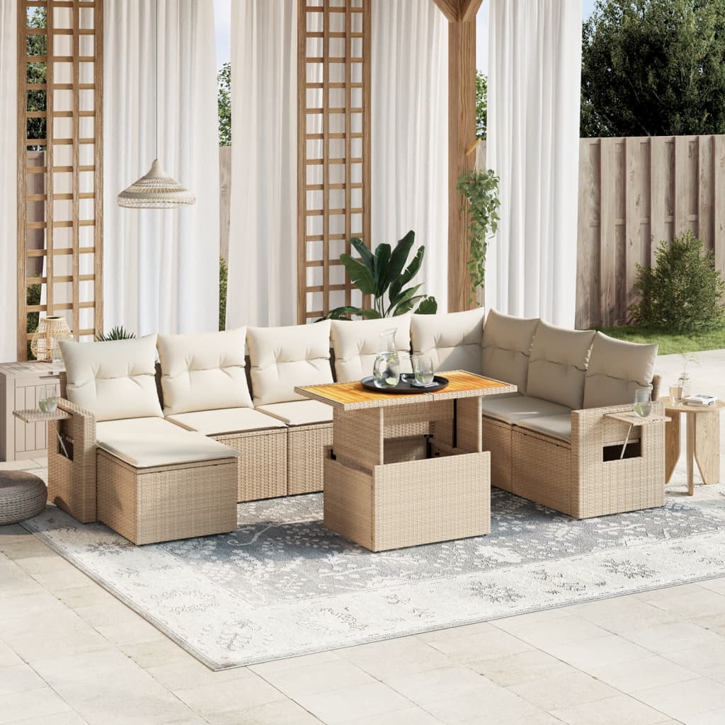 9-tlg. Garten-Sofagarnitur mit Kissen Beige Poly Rattan